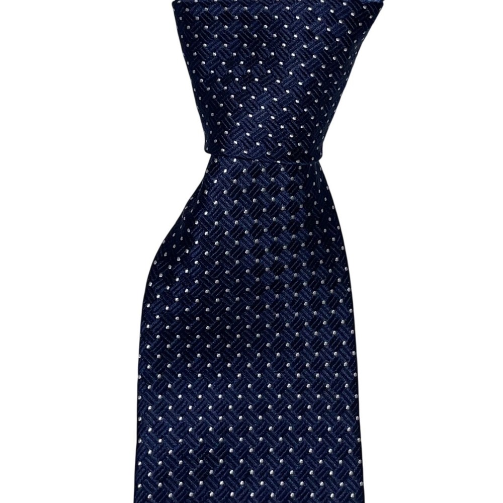 Tommy Hilfiger Mens Silk Necktie Navy Blue White Polka Dot Basketweave Texture